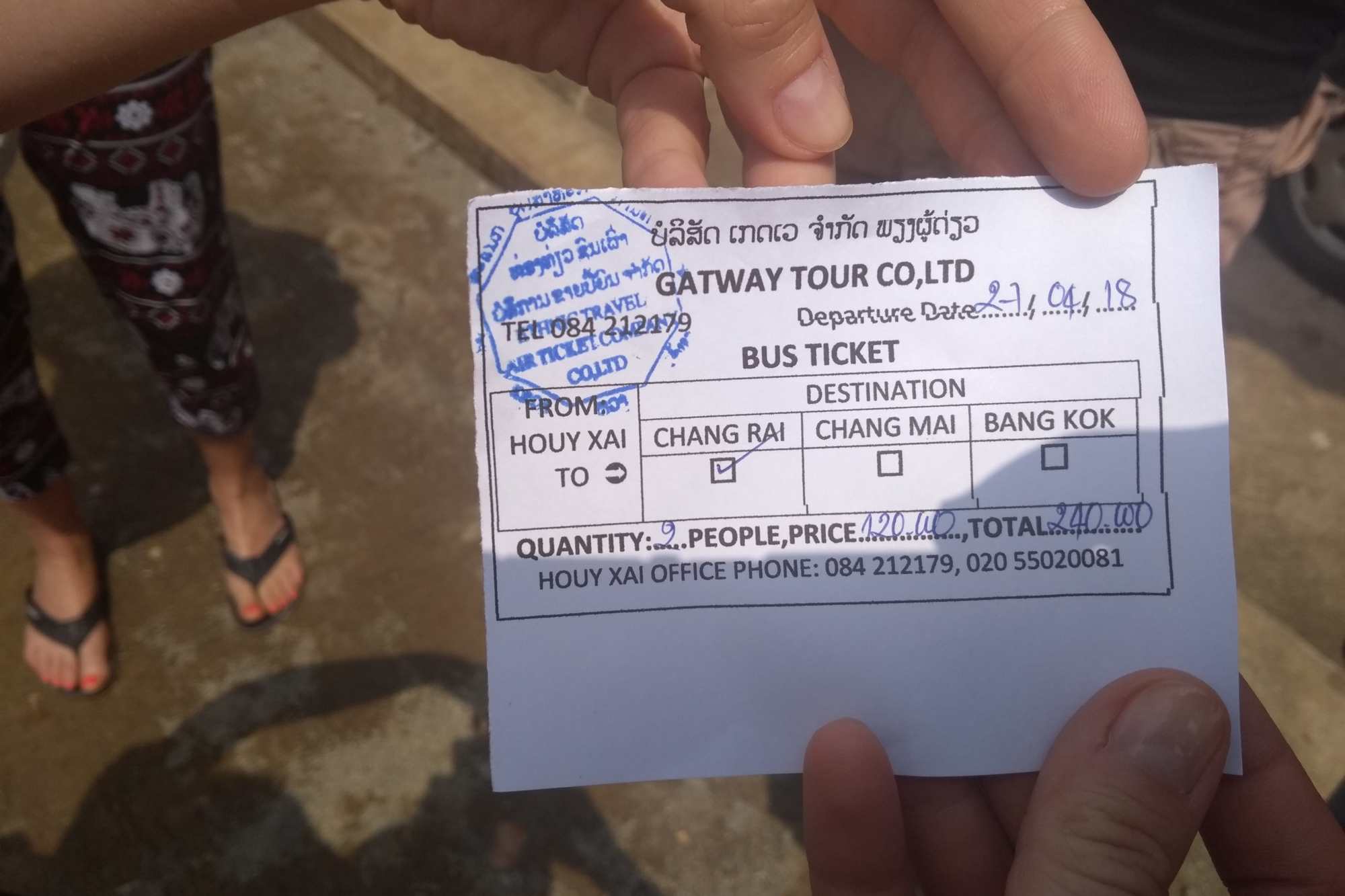 Our ticket for a bus to Chiang Rai