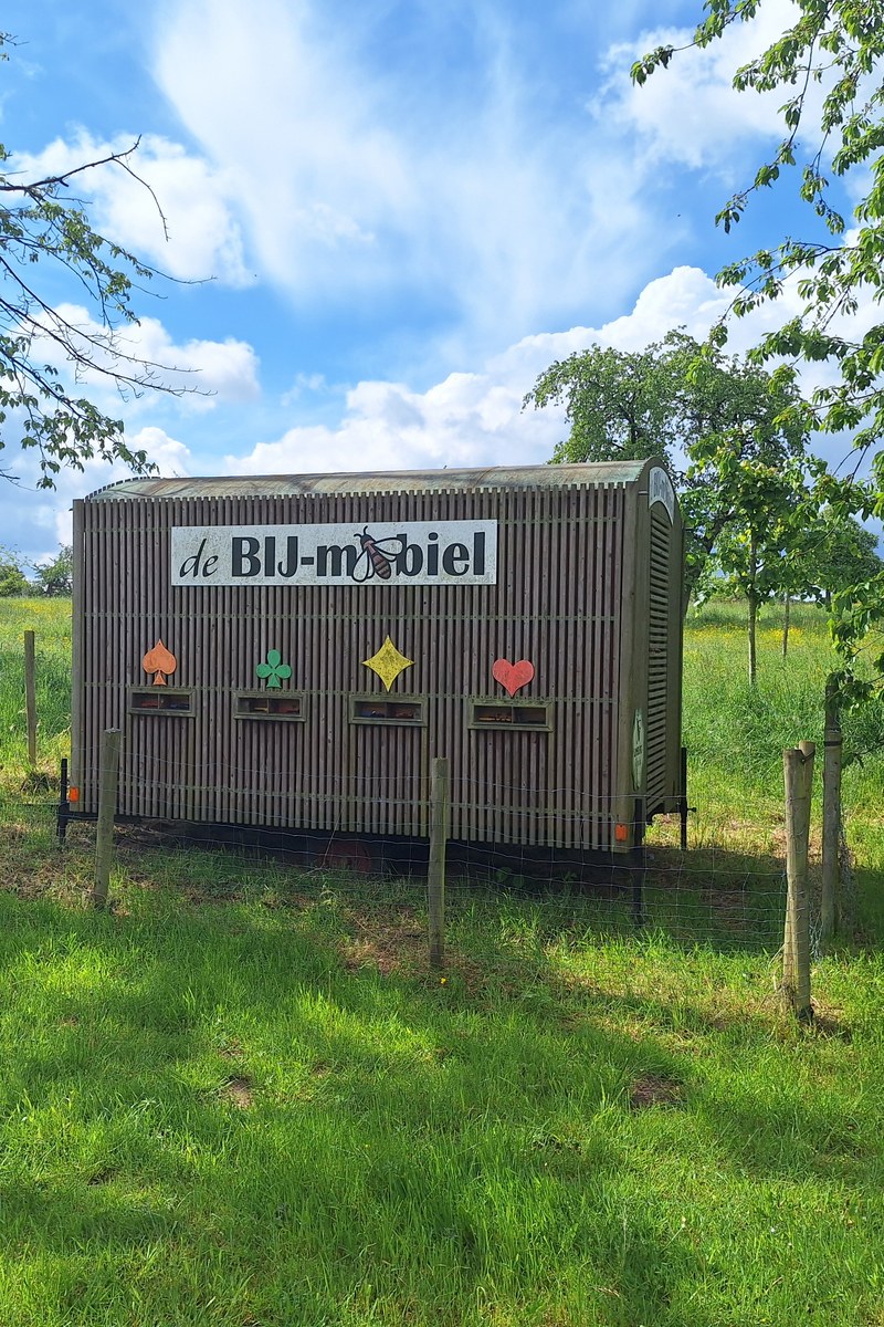 De Bij-Mobiel, a wooden trailer decorated with card-suit symbols, used to teach visitors about bees and biodiversity
