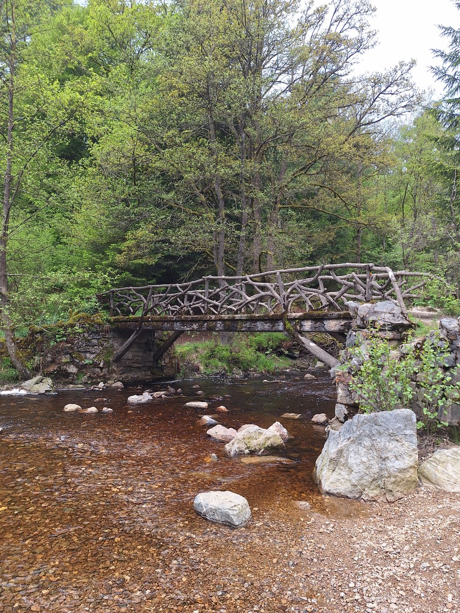 Rustic wooden bridge with a branch railing crossing the reddish-brown Hoëgne river near Pont du Centenaire