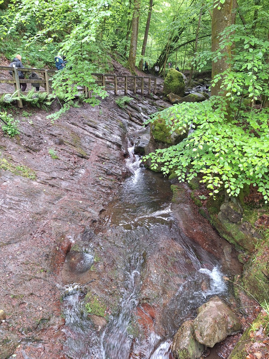 Crowded rocky trail with a wooden handrail alongside a small waterfall in the Vallon du Ninglinspo