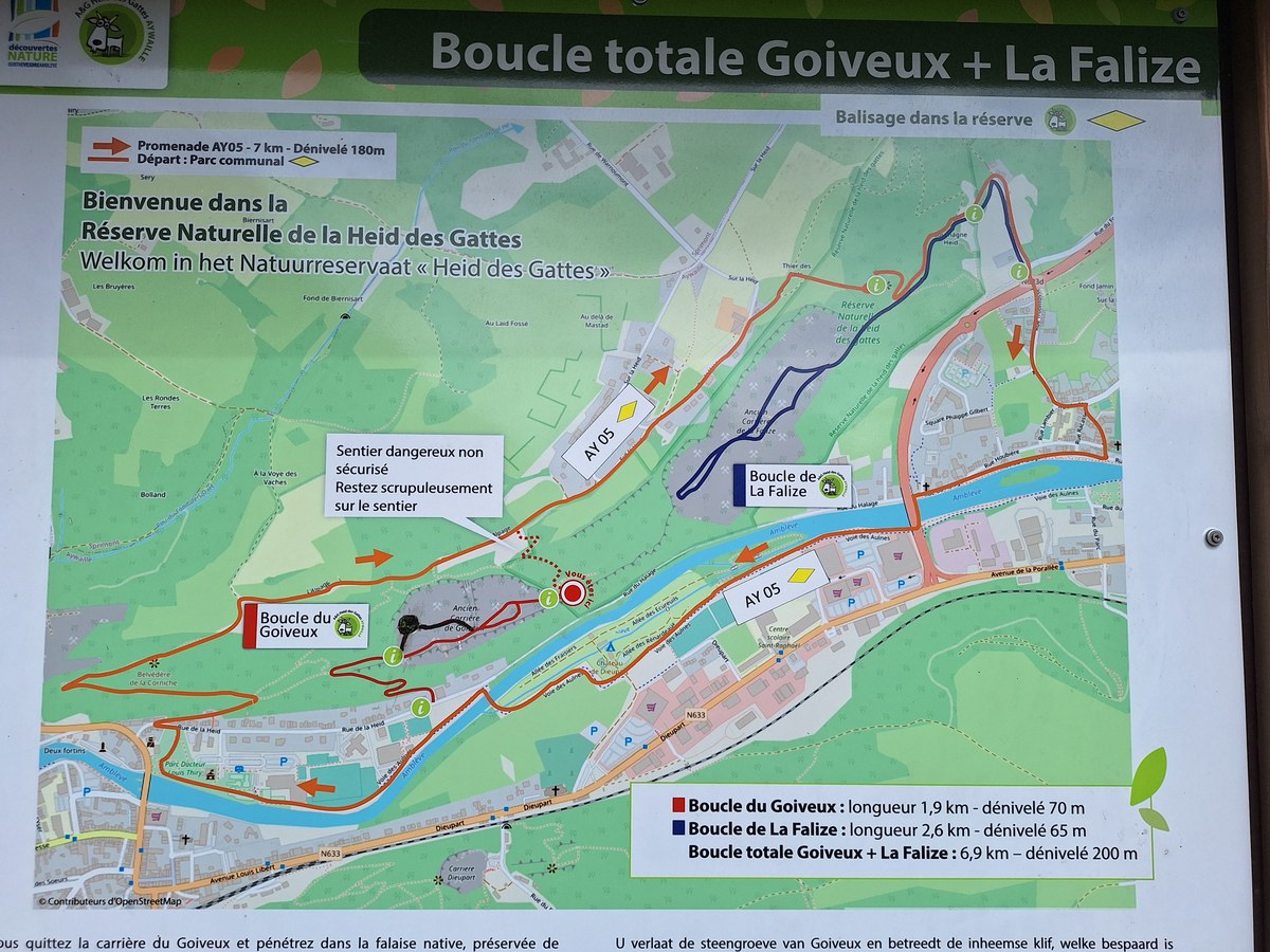 Trail map of the full Goiveux and La Falize loop through the Heid des Gattes nature reserve near Aywaille
