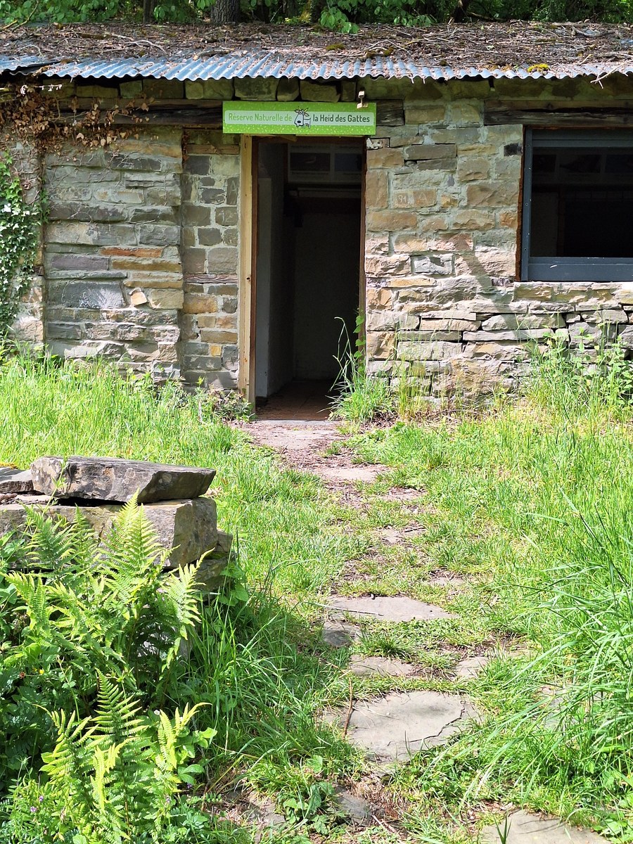 Old stone building with a corrugated roof and a green sign reading 'Réserve Naturelle de la Heid des Gattes', a grassy path leading to its open door