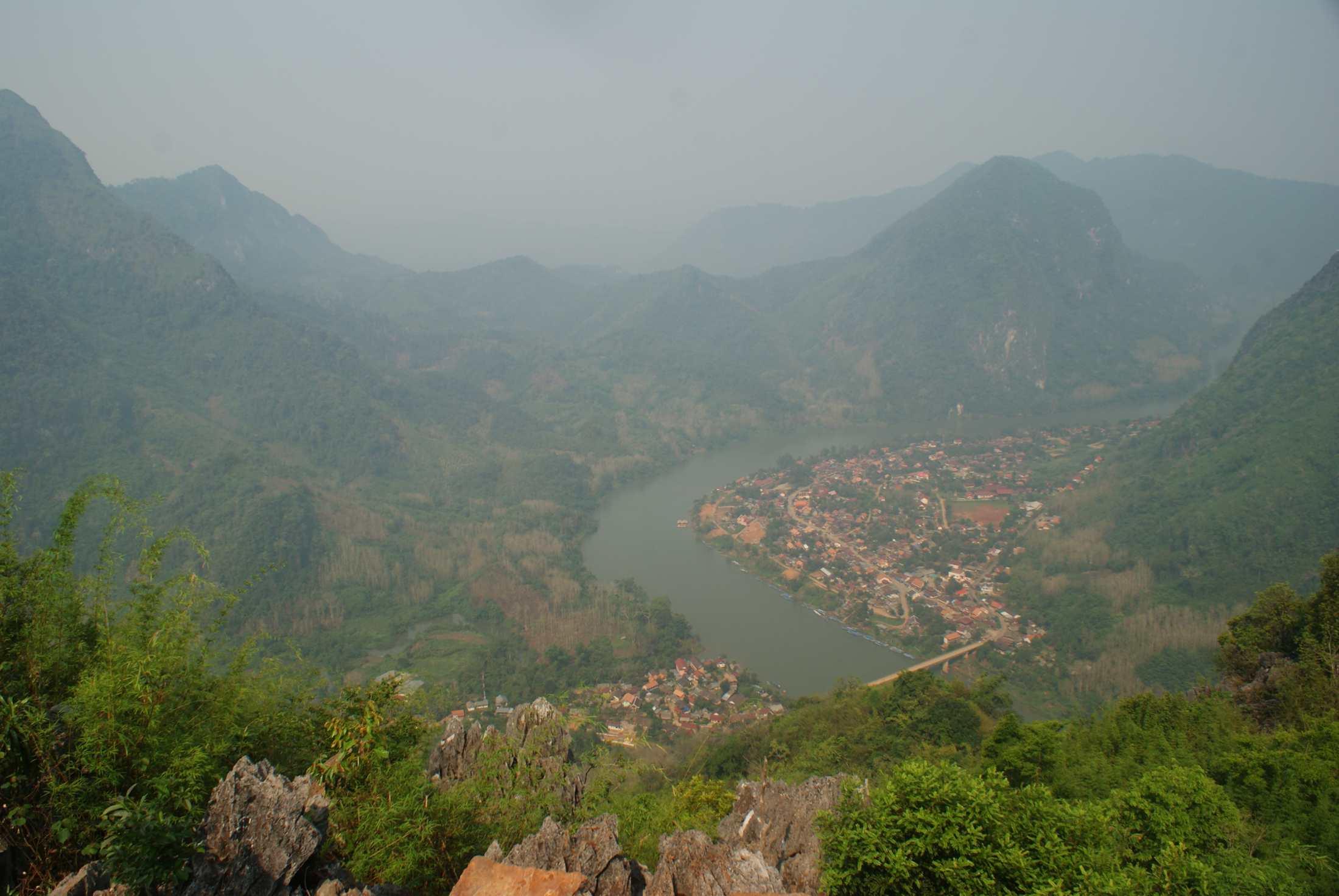 View of the Nong Khiaw town, bridge visible in the bottom part of the picture